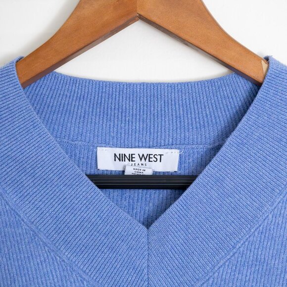 Nine West Ribbed Knit V-Neck Sweater - Blue - Picture 1 of 12